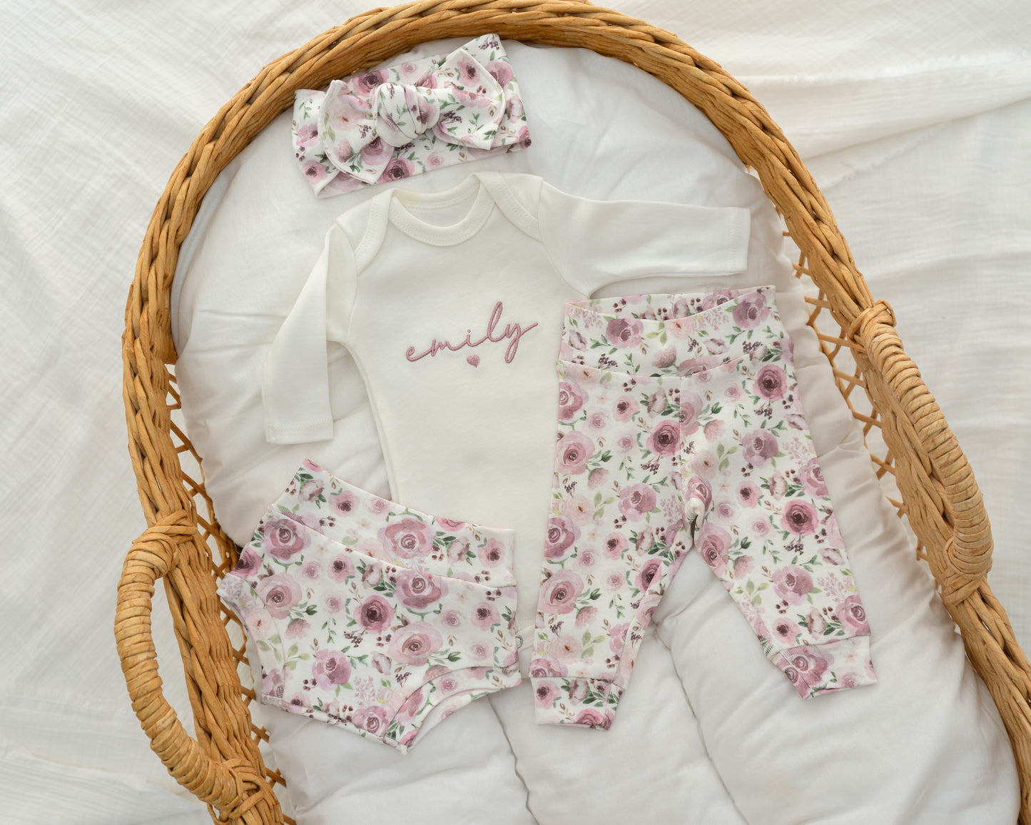 Newborn Baby Girl Outfit Floral Embroidered Baby Girl Hospital Outfit Personalized With Name Matching Set with Bow and Headband