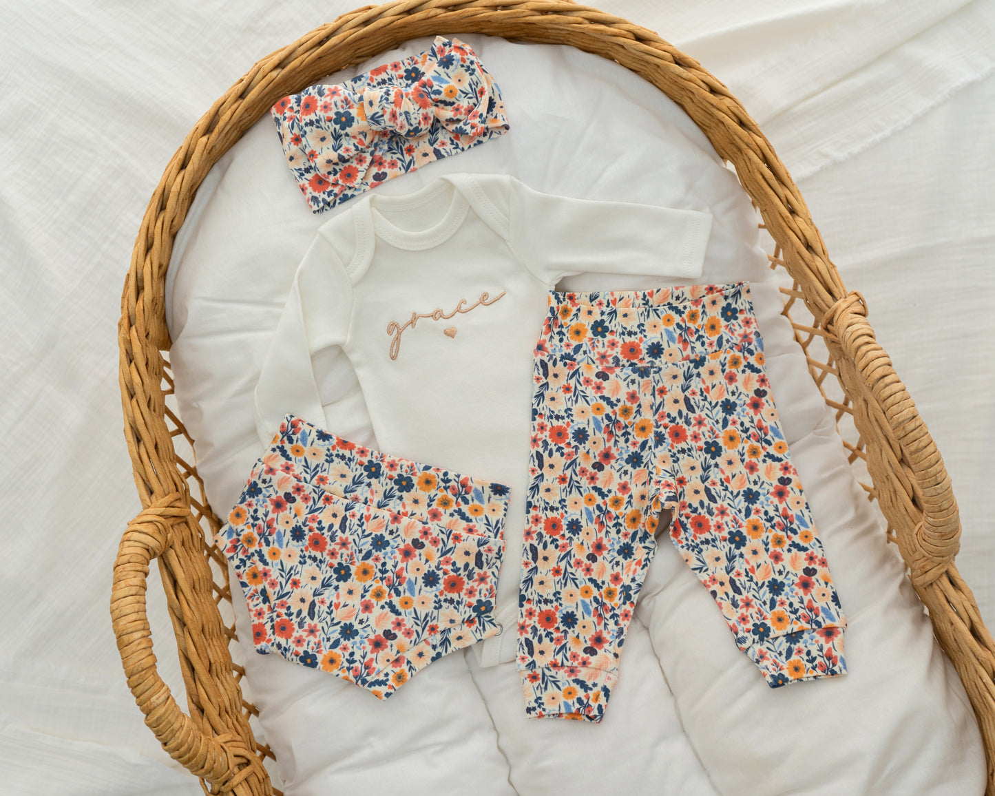 Newborn Baby Girl Outfit Floral Embroidered Baby Girl Hospital Outfit Personalized With Name Matching Set with Bow and Headband