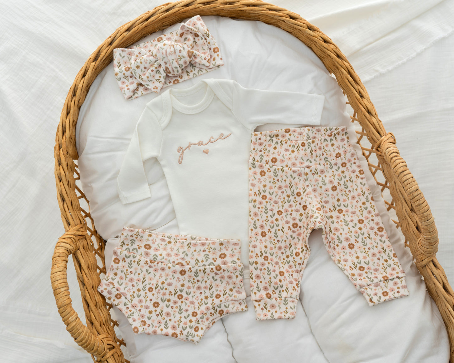 Newborn Baby Girl Coming Home Outfit Floral Baby Shower Gift Embroidered Baby Girl Hospital Outfit Personalized With Name Matching Set with Bow and Headband