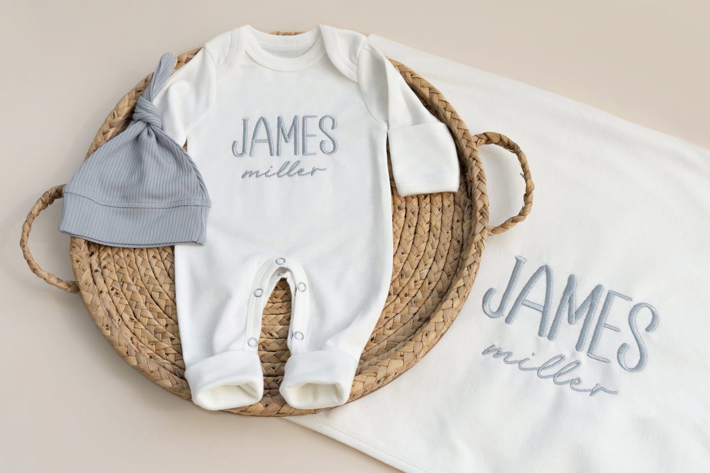 Monogrammed Newborn Outfit Personalized Embroidered Newborn Gift Set with Romper Hat and Blanket
