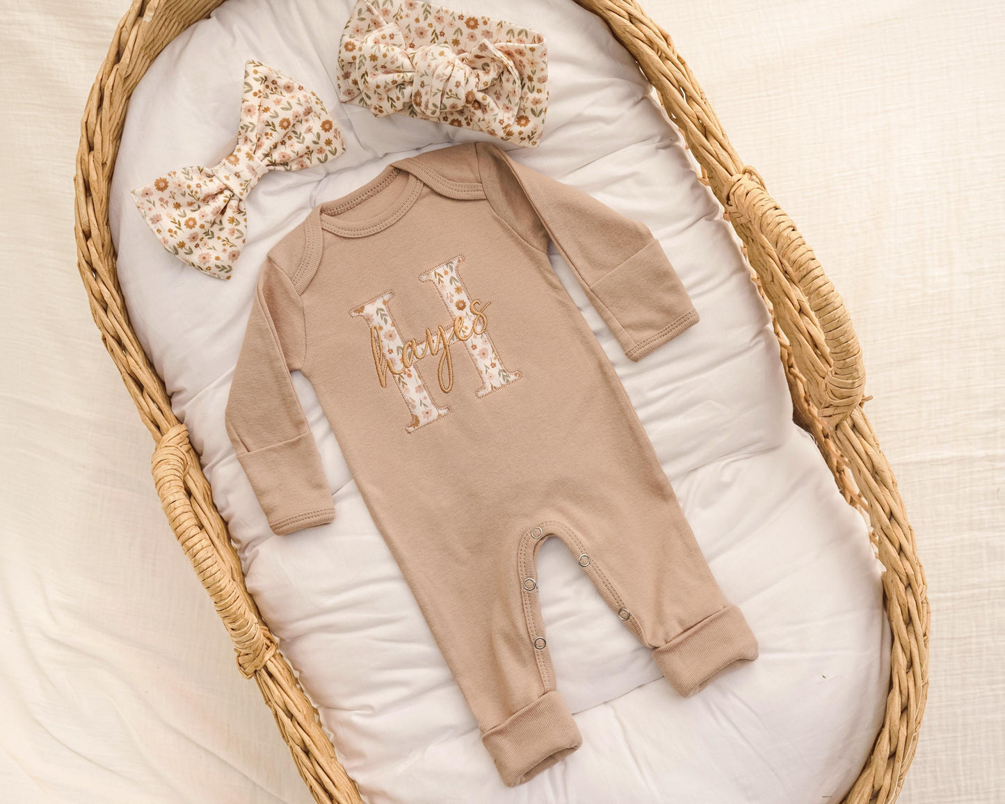 Personalized Floral Baby Girl Coming Home Outfit Organic Cotton Romper Set