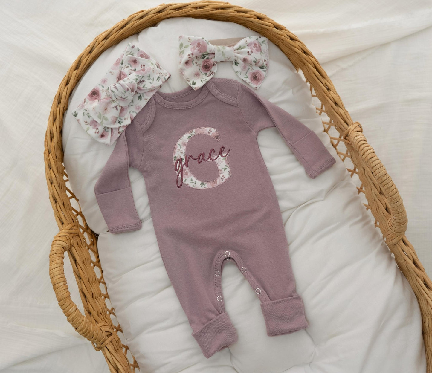 Newborn Baby Girl Coming Home Outfit Mauve Floral Embroidered Romper Personalized Baby Shower Gift - Linka Baby