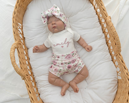 Newborn Baby Girl Outfit Floral Embroidered Baby Girl Hospital Outfit Personalized With Name Matching Set with Bow and Headband