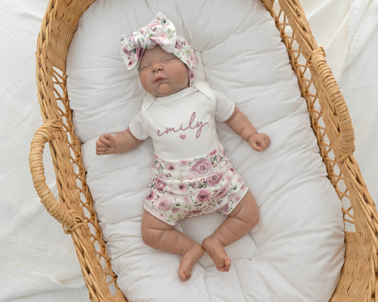 Newborn Baby Girl Outfit Floral Embroidered Baby Girl Hospital Outfit Personalized With Name Matching Set with Bow and Headband