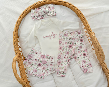 Newborn Baby Girl Outfit Floral Embroidered Baby Girl Hospital Outfit Personalized With Name Matching Set with Bow and Headband