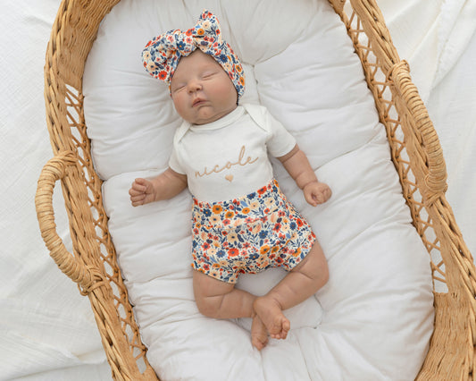 Newborn Baby Girl Outfit Floral Embroidered Baby Girl Hospital Outfit Personalized With Name Matching Set with Bow and Headband