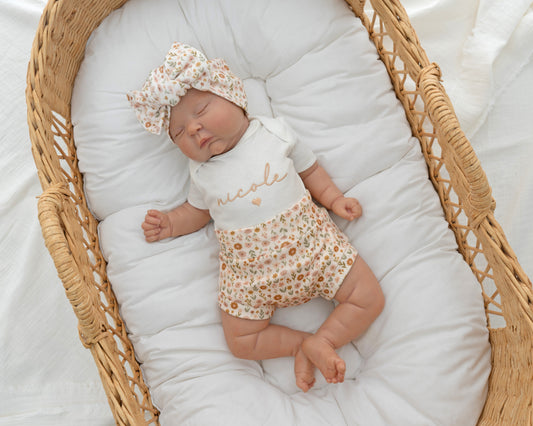 Newborn Baby Girl Coming Home Outfit Floral Baby Shower Gift Embroidered Baby Girl Hospital Outfit Personalized With Name Matching Set with Bow and Headband