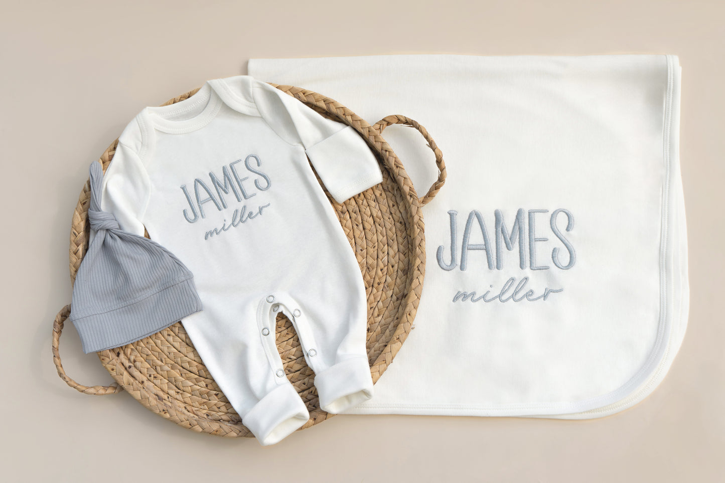 Monogrammed Newborn Outfit Personalized Embroidered Newborn Gift Set with Romper Hat and Blanket