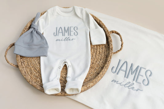 Monogrammed Newborn Outfit Personalized Embroidered Newborn Gift Set with Romper Hat and Blanket