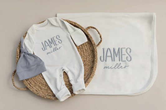 Baby Boy Coming Home Outfit Embroidered, Baby Boy Gift for Baby Shower, w Hat and Matching Blanket