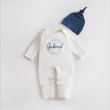 Embroidered Newborn Baby Boy Outfit, Organic Cotton, Personalized Baby Romper & Hat