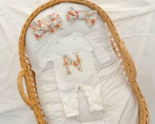 Baby Girl Coming Home Outfit Vintage Floral, Baby Shower Gift, Newborn Baby Girl Outfit Personalized, Baby Girl Hospital Sleeper
