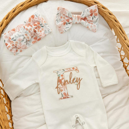 Baby Girl Coming Sleeper Embroidered, Newborn Baby Girl Coming Home Personalized, Baby Girl Hospital Outfit Applique Name