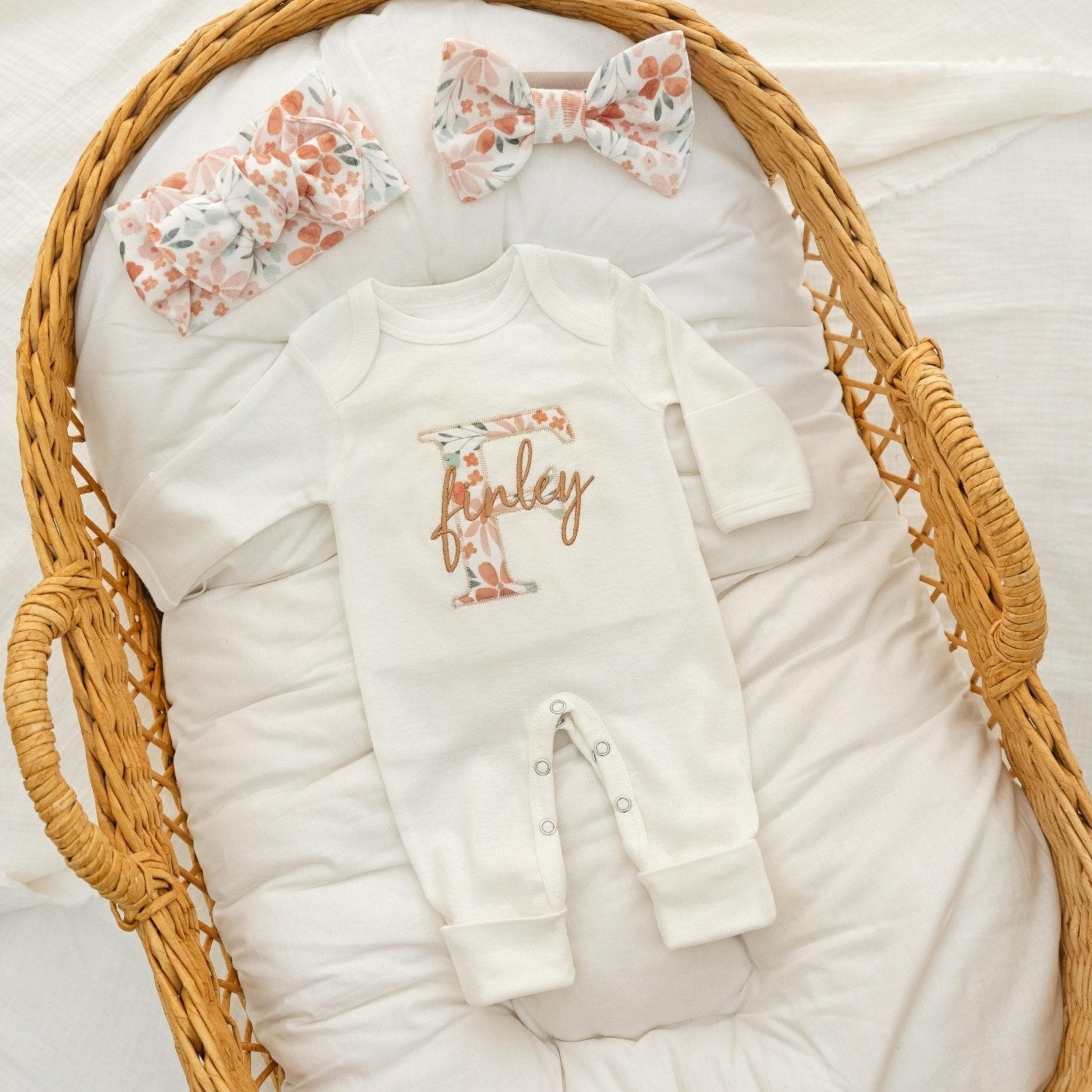 Baby Girl Coming Sleeper Embroidered, Newborn Baby Girl Coming Home Personalized, Baby Girl Hospital Outfit Applique Name