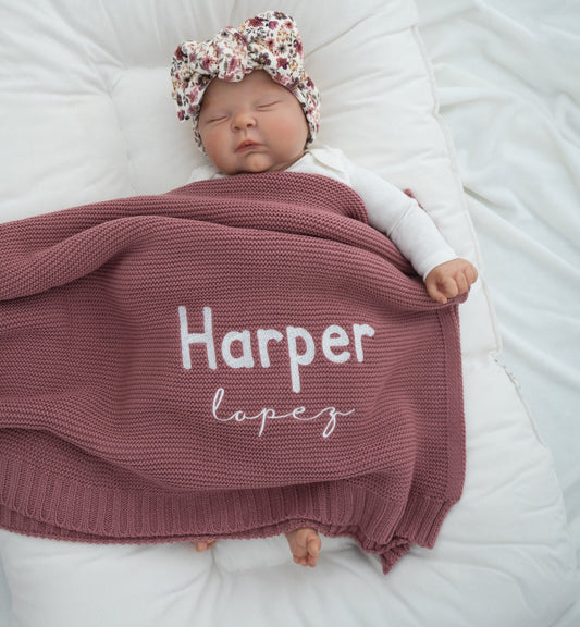 Baby Name Blanket Custom Embroidery knit blanket for baby girl Personalized - Linka Baby