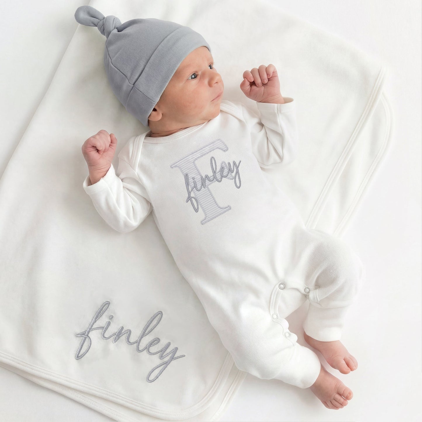 Embroidered Newborn Outfit Organic Cotton Personalized Baby Romper & Hat - Linka Baby