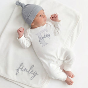Embroidered Newborn Outfit, Organic Cotton, Personalized Baby Romper & Hat