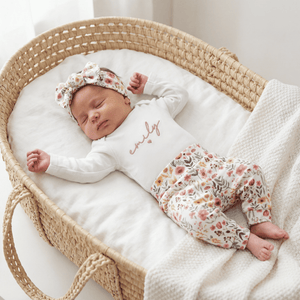 Newborn Baby Girl Outfit Floral Embroidered Hospital Outfit With Name Matching Set with Headband
