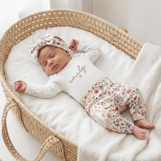 Newborn Baby Girl Outfit Floral Embroidered Hospital Outfit With Name Matching Set with Headband