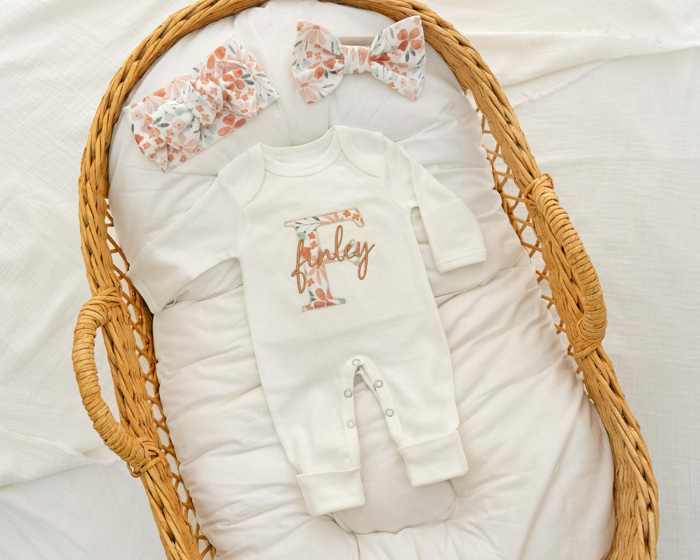 Baby Girl Coming Sleeper Embroidered, Newborn Baby Girl Coming Home Personalized, Baby Girl Hospital Outfit with Applique Name