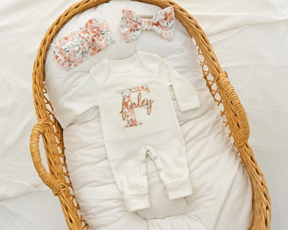 Baby Girl Coming Sleeper Embroidered, Newborn Baby Girl Coming Home Personalized, Baby Girl Hospital Outfit with Applique Name