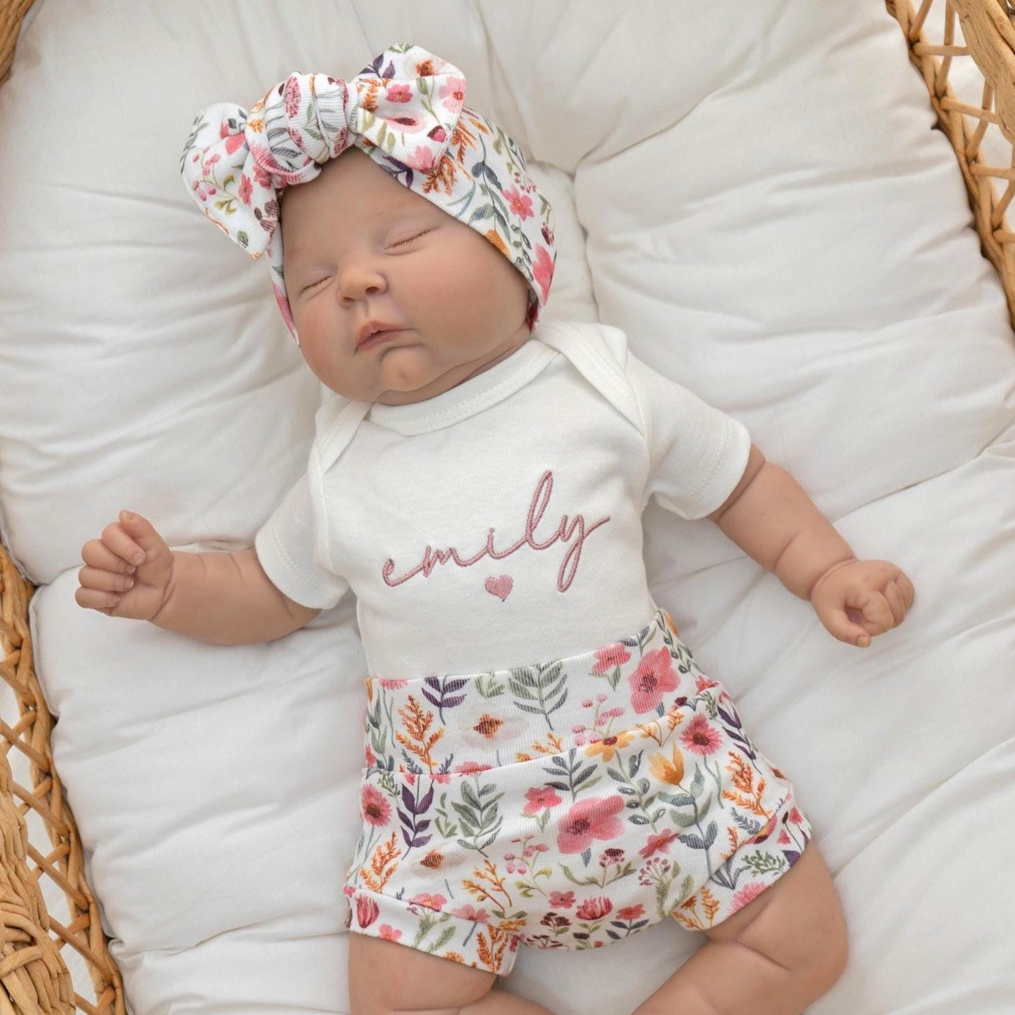 Newborn Baby Girl Outfit Floral Embroidered Baby Girl Hospital Outfit Personalized With Name Matching Set with Bow and Headband