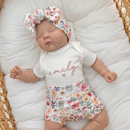 Newborn Baby Girl Outfit Floral Embroidered Baby Girl Hospital Outfit Personalized With Name Matching Set with Bow and Headband