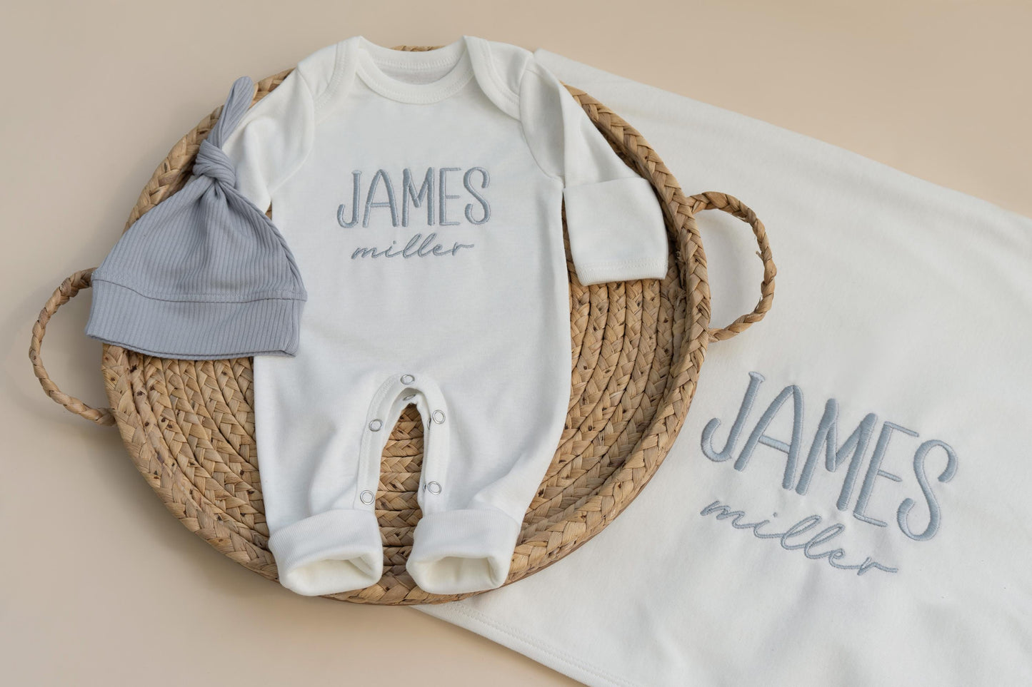 Baby Boy Coming Home Outfit Embroidered, Baby Boy Gift for Baby Shower, Baby Boy Romper and Hat Set with Matching Blanket Personalized