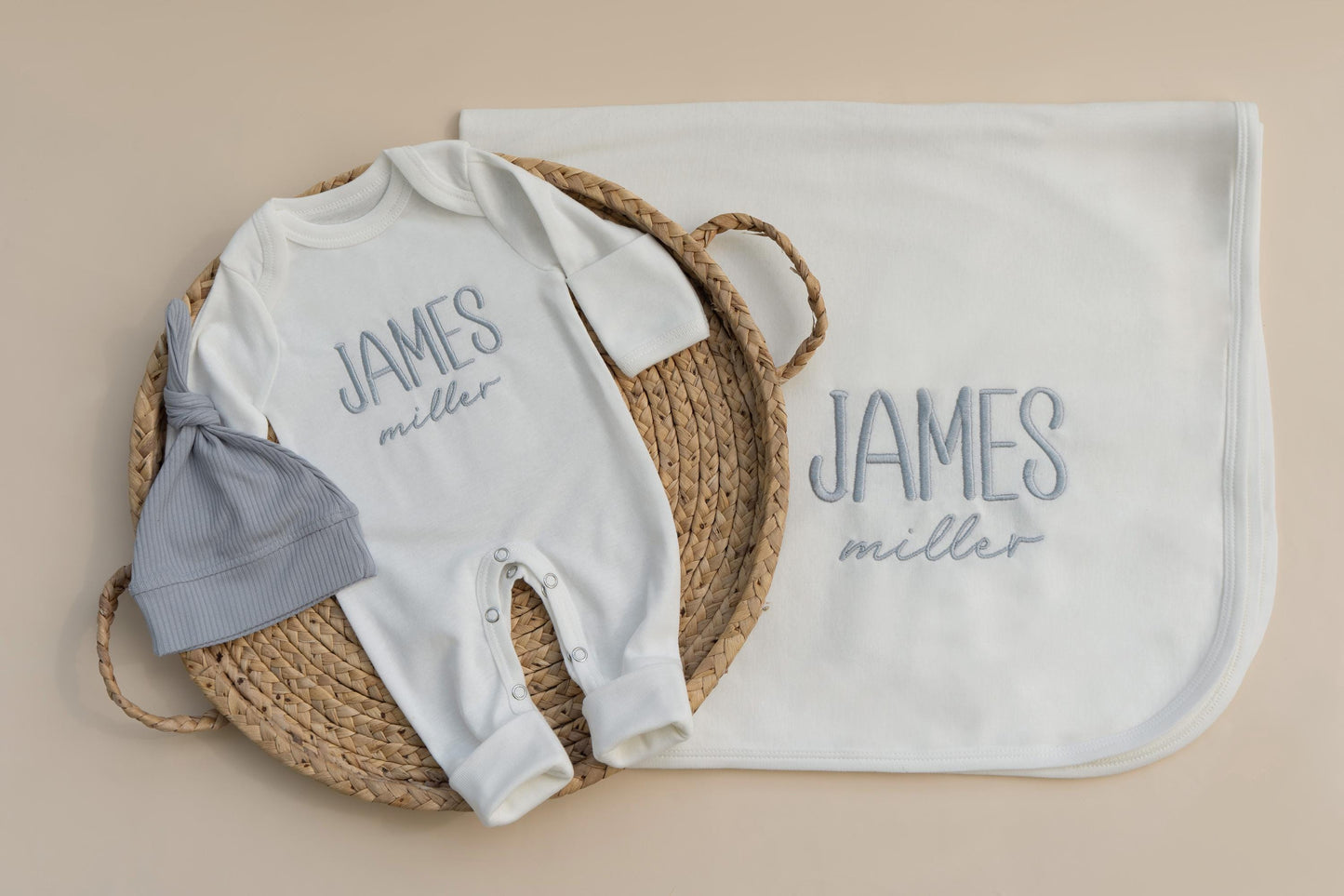 Baby Boy Coming Home Outfit Embroidered, Baby Boy Gift for Baby Shower, Baby Boy Romper and Hat Set with Matching Blanket Personalized