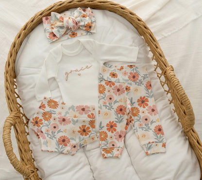 Newborn Girl Coming Home Outfit Organic Cotton Floral Set