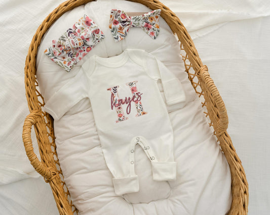 Newborn Baby Girl Coming Home Outfit Embroidered, Gift for Baby Girl, Personalized Newborn Baby Girl Outfit, Baby Girl Gift Set