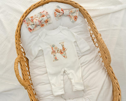 Baby Girl Coming Home Outfit Vintage Floral, Baby Shower Gift, Newborn Baby Girl Outfit Personalized, Baby Girl Hospital Sleeper