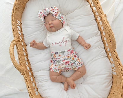 Newborn Baby Girl Outfit Floral Embroidered Baby Girl Hospital Outfit Personalized With Name Matching Set with Bow and Headband