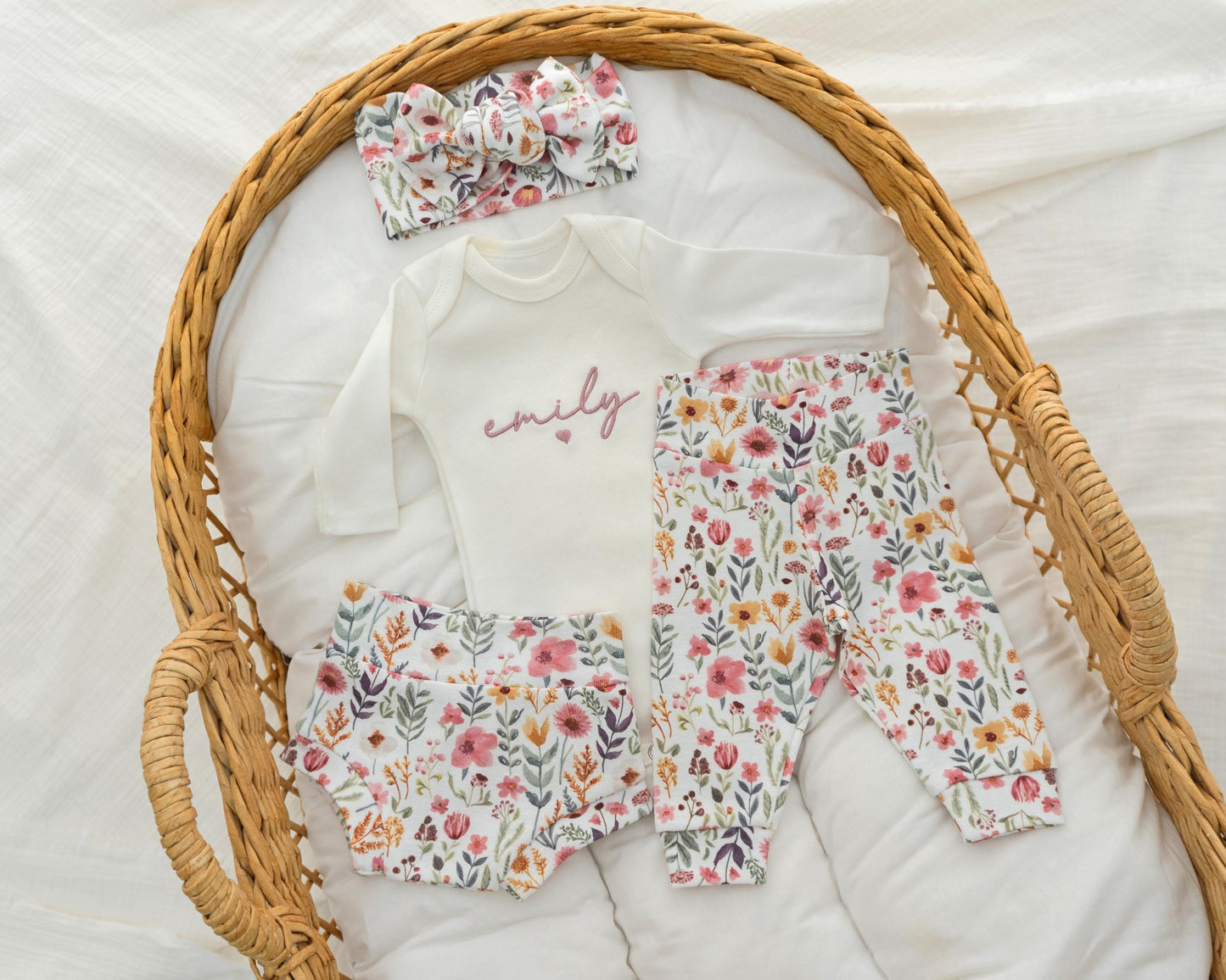 Newborn Baby Girl Outfit Floral Embroidered Baby Girl Hospital Outfit Personalized With Name Matching Set with Bow and Headband