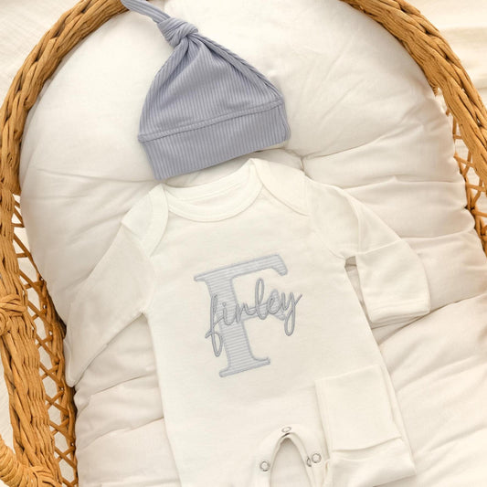 Embroidered Newborn Outfit Organic Cotton Personalized Baby Romper & Hat