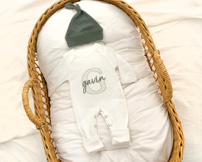 Newborn Baby Boy Hospital Outfit Embroidered Organic Cotton Baby Boy Romper & Hat