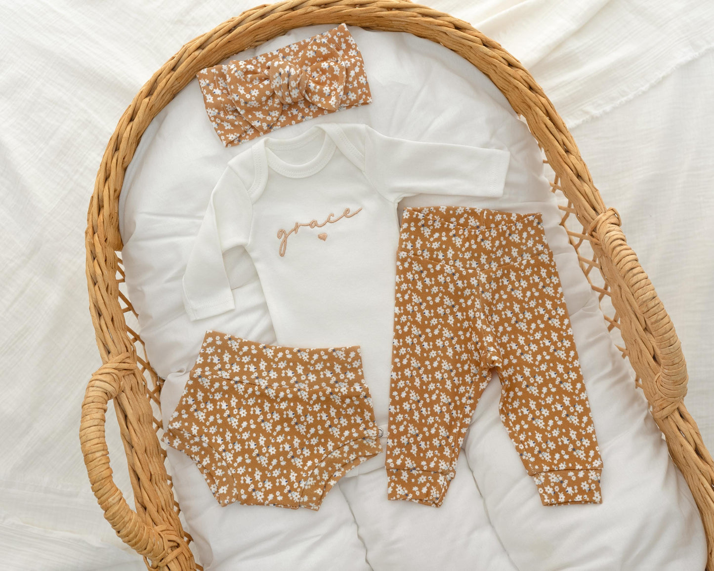 Newborn Baby Girl Coming Home Outfit Floral Embroidered Organic Cotton Set