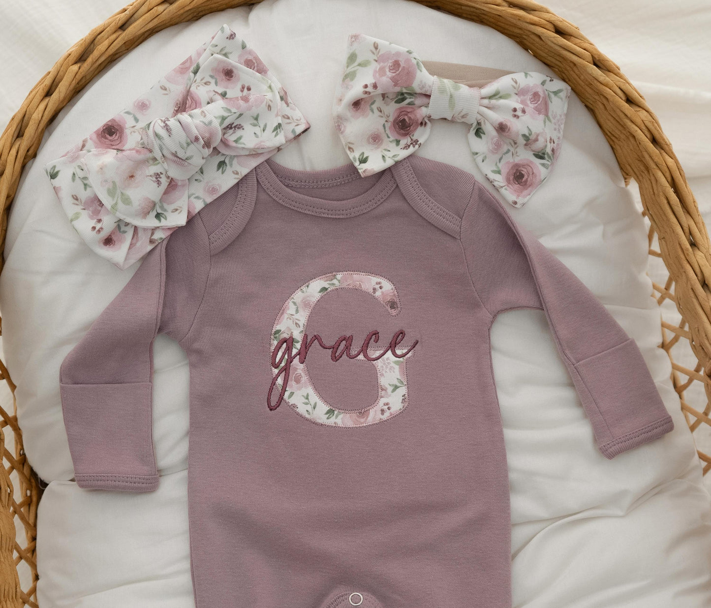 Newborn Baby Girl Coming Home Outfit Mauve Floral Embroidered Romper Personalized Baby Shower Gift