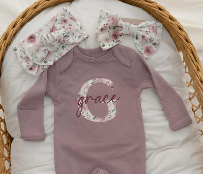 Newborn Baby Girl Coming Home Outfit Mauve Floral Embroidered Romper Personalized Baby Shower Gift