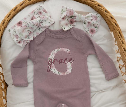 Newborn Baby Girl Coming Home Outfit Mauve Floral Embroidered Romper Personalized Baby Shower Gift