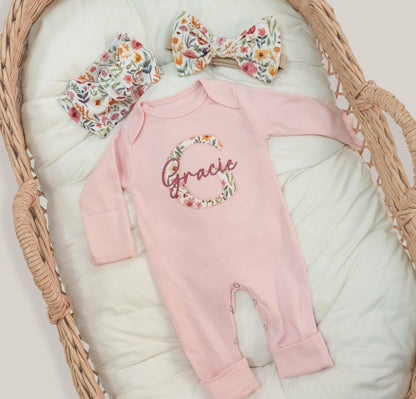 Pink Newborn Baby Girl Coming Home Outfit Baby Shower Gift Floral Embroidered Romper Personalized