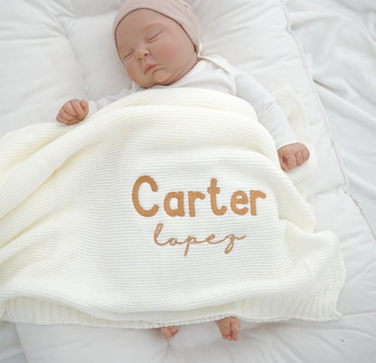 Neutral Baby Blanket with Name Custom Embroidered Personalized Newborn Swaddle Baby Shower Gift Knit Blanket First Christmas