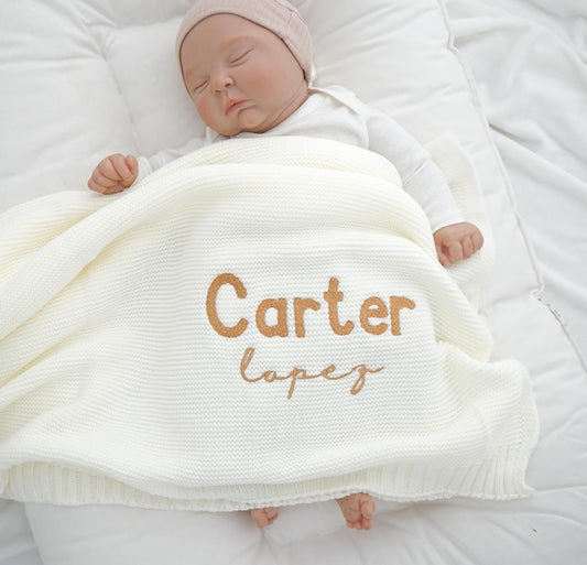 Neutral Baby Blanket with Name Custom Embroidered Personalized Newborn Swaddle Baby Shower Gift Knit Blanket First Christmas