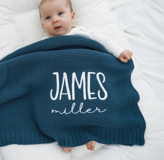 Personalized Baby Boy Blanket with Name Custom Embroidered Newborn Swaddle Baby Shower Gift Knit