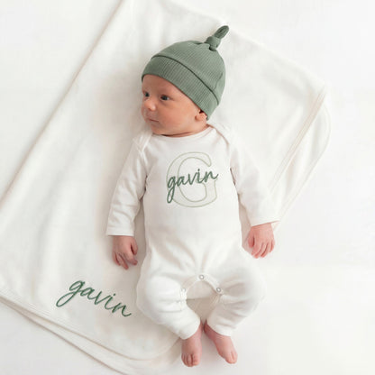 Newborn Baby Boy Hospital Outfit Embroidered Organic Cotton Baby Boy Romper & Hat - Linka Baby