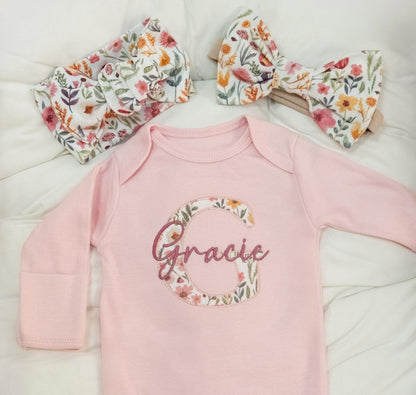 Pink Newborn Baby Girl Coming Home Outfit Baby Shower Gift Floral Embroidered Romper Personalized - Linka Baby