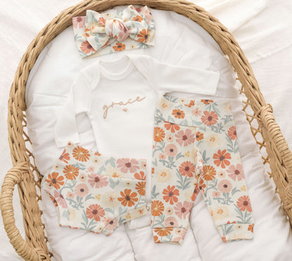 Newborn Girl Coming Home Outfit Organic Cotton Floral Set